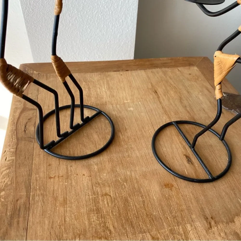Vintage Black Metal and Rattan Candle Holders Set of Two